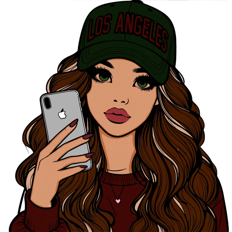 realistic beautiful girl wearing los ángeles cap holding an iphone