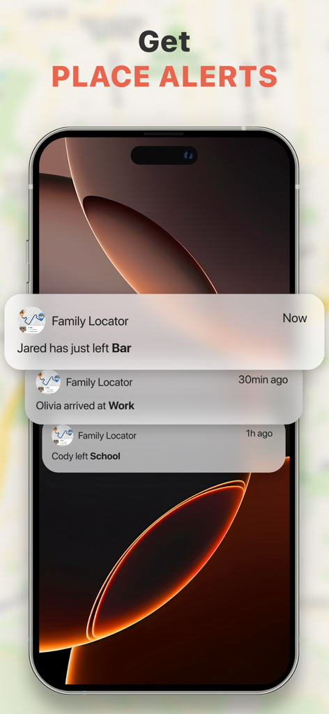 Find my Phone - Family Locator - Smartphone zeigt Ortswarnungen für Familienmitglieder an, die ankommen und Orte verlassen