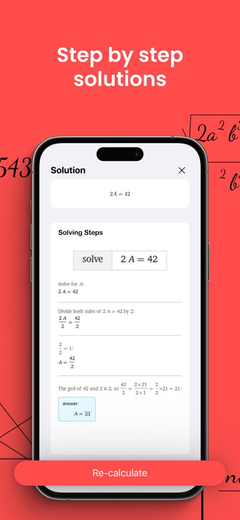 Photo Math Solver - Photo Math Solver app interface displaying a detailed step-by-step algebraic solution for a math problem.