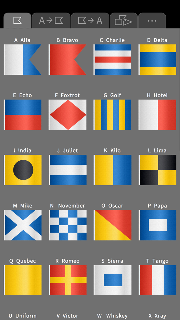 SignalFlags Tool - Grid of international maritime signal flags with phonetic names from Alfa to Xray.
