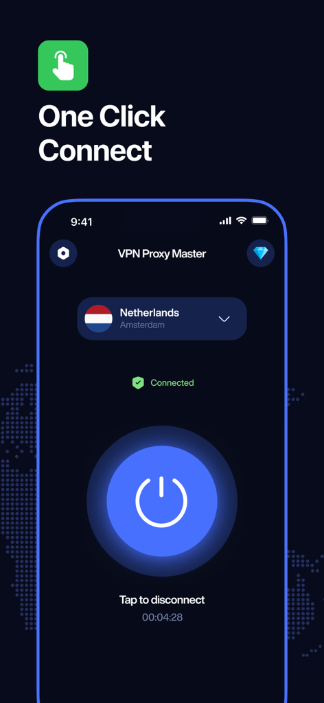 Hide VPN app interface showing the one click connect feature for a secure connection