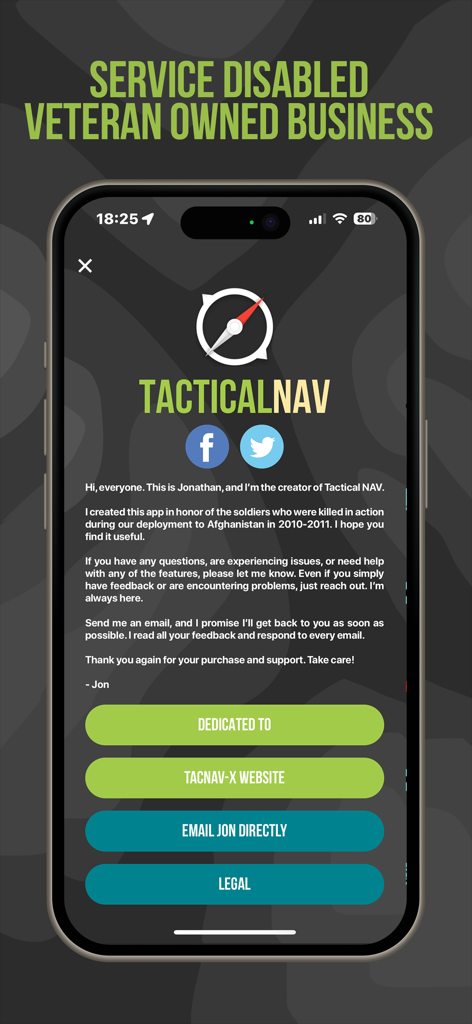 About page of the Tactical NAV app showing a personal message from its veteran creator