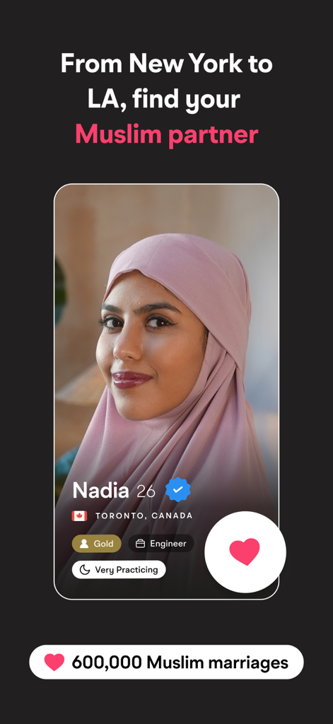 Muzz: Where Muslims Marry - 무슬림 여성의 확인된 프로필과 '무슬림 파트너 찾기'라는 텍스트가 표시된 Muzz 앱 스크린샷