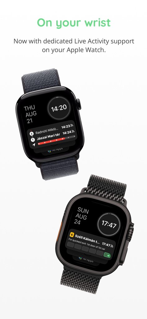 Zwei Apple Watches mit Echtzeit-Nahverkehrsplänen für Ungarn und Live Activity-Updates von MenetrendApp.