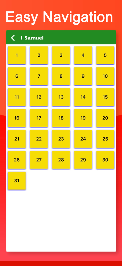 Bible: Read KJV, Study & Audio - A grid of chapters for 1 Samuel in the KJV Bible app demonstrating easy navigation.