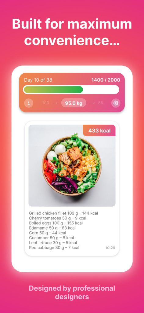 KalorieScan: Calorie Counter - Interfaz de la aplicación KalorieScan que muestra una foto de comida saludable con su desglose automático de calorías.