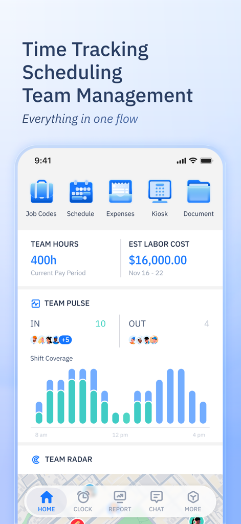 ShiftFlow app dashboard showing team hours labor costs and employee attendance tracking