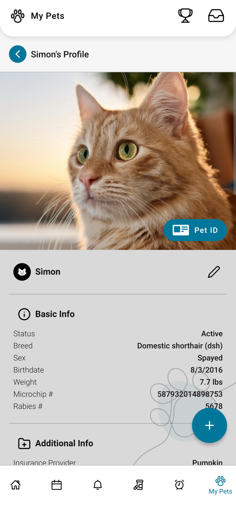PetPage - PetPageアプリのサイモンという名前の猫のペット健康プロファイル、基本情報とデジタルペットIDを表示
