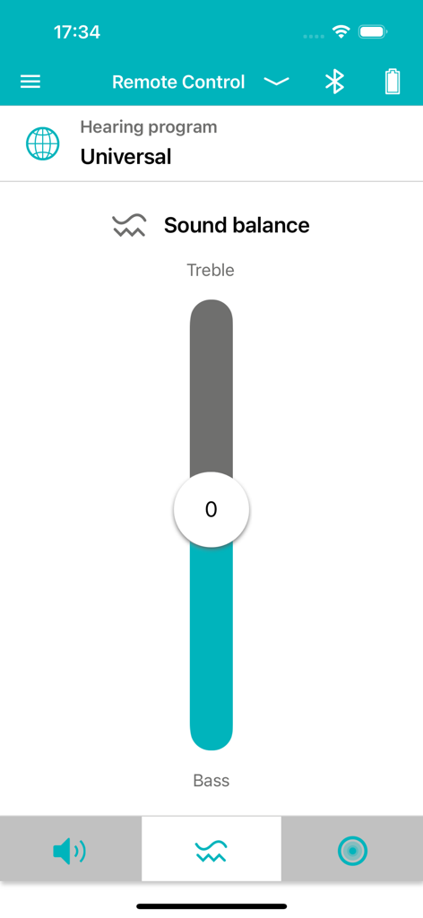 Vibe App - Interface of the Vibe App showing a vertical slider to adjust sound balance between treble and bass for hearing aids.