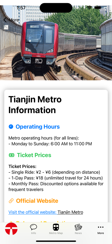 Tianjin Subway Map - Tianjin Metro information screen displaying operating hours and ticket prices