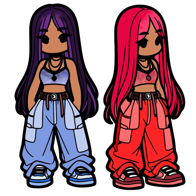 girl in baggy pants crop top and long hair