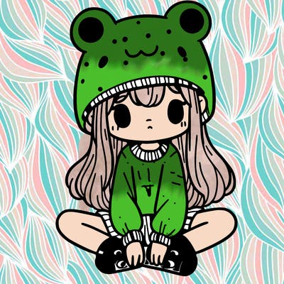 a girl wearing a frog hat and some frog socks