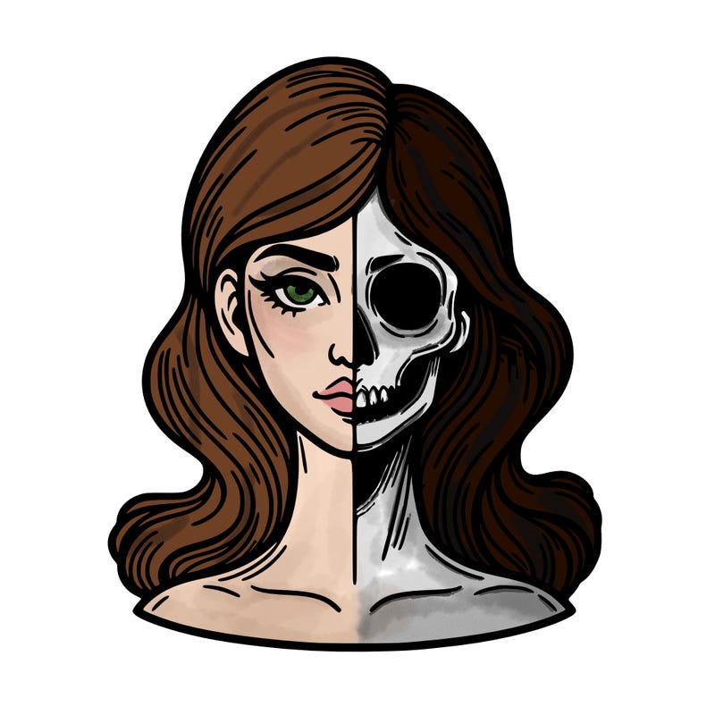 bust of a woman, half face and hair, half skull