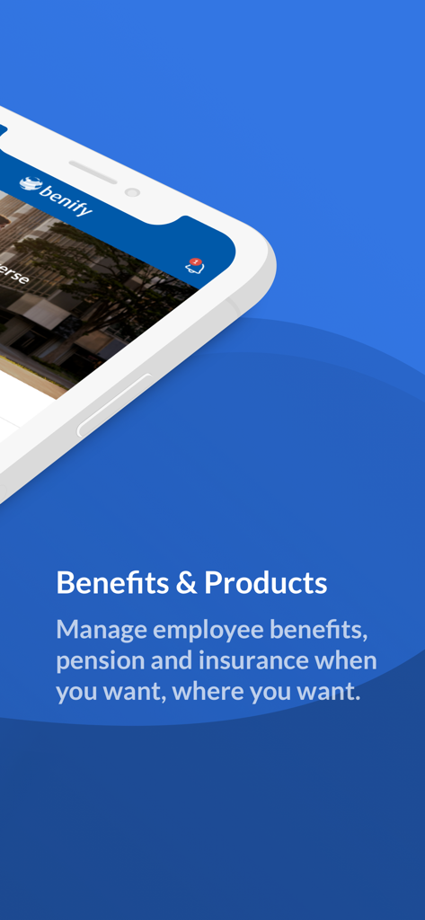 Benify - スマートフォン、従業員特典と保険を管理するためのBenifyアプリインターフェースを表示