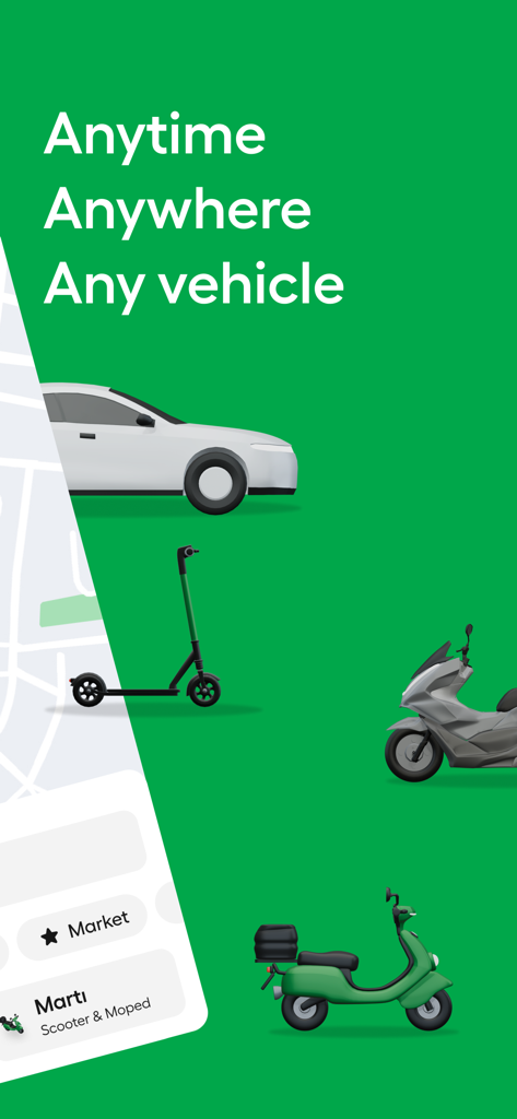 Graphique montrant des options de transport multimodal incluant voitures et scooters avec le texte "À tout moment, partout, n'importe quel véhicule"
