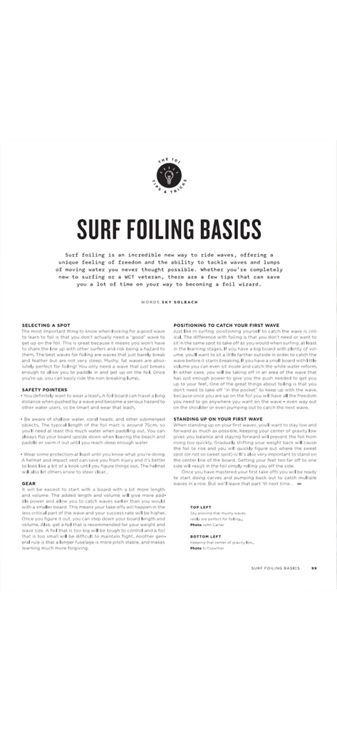 Foiling Magazine - Eine digitale Magazinseite mit dem Titel „Surf Foiling Basics“, die Anleitungs-Tipps und Ausrüstungsratschläge für Hydrofoiling enthält.