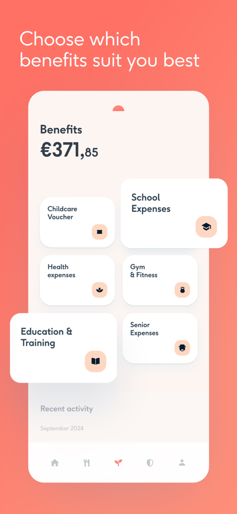 Interfaccia dell'app Coverflex che mostra le categorie di benefit aziendali flessibili e il saldo disponibile