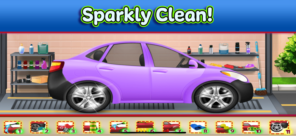 Tiny Car & Truck Wash Games - A purple car looking sparkly clean in a garage after a virtual car wash