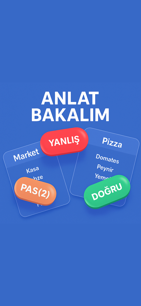 Anlat Bakalım - Tabu Kelime - Interfaz del juego de palabras turco Anlat Bakalim que muestra tarjetas de tabú para Mercado y Pizza con botones de acción de colores para correcto, incorrecto y pasar
