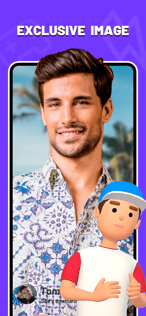 Yolo - 18+ Meet & Video Chat - Yoloのプロフィールプレビュー。実際の人物の写真とカスタム仮想アバターが表示されています。