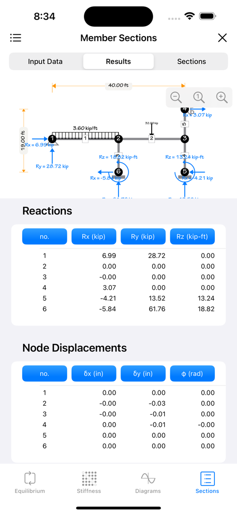 A-Frame - A-Frame app interface showing 2D frame analysis results with reaction and displacement tables