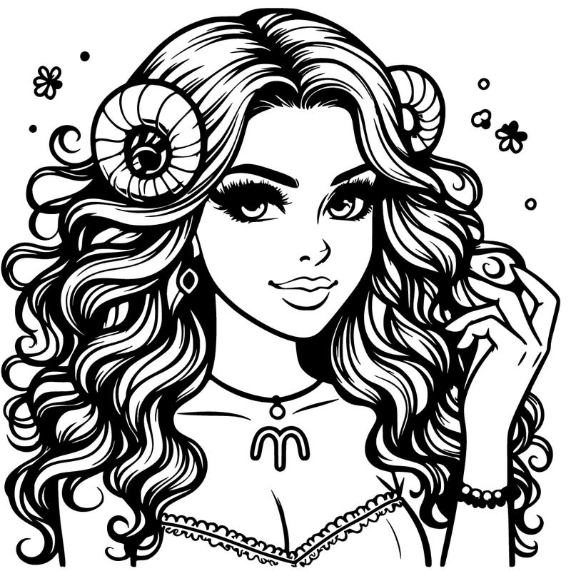 pretty and realistic portrait of an aries woman with long and curly hair with a big aries symbol necklace
