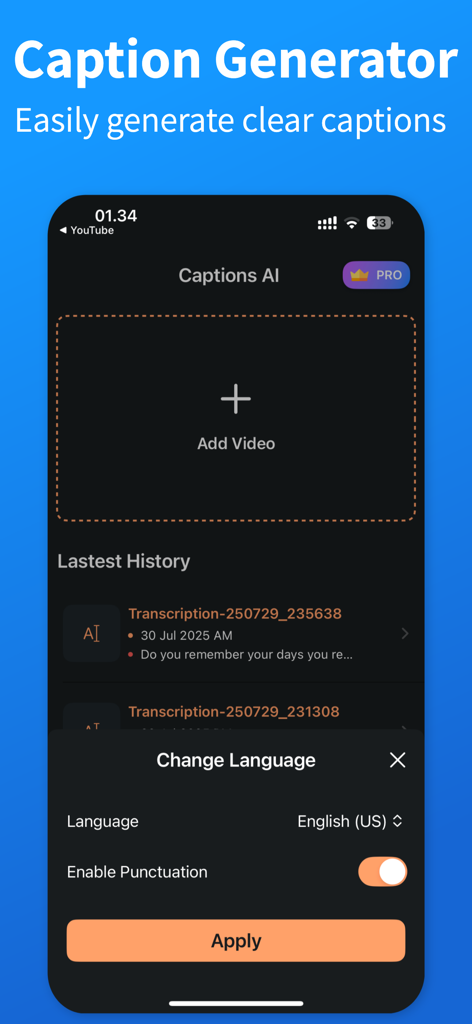 Interface do aplicativo móvel Captions AI mostrando configurações de geração de legendas de vídeo e opções de idioma
