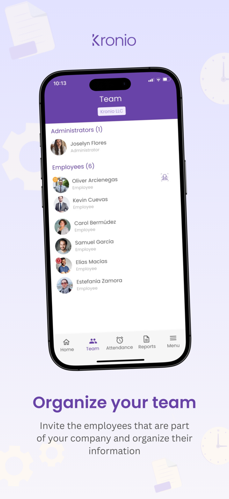 Kronio - Kronio app team management screen showing a list of administrators and employees on an iPhone