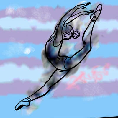 gymnast doing a leap in a leotard with a bent back leg