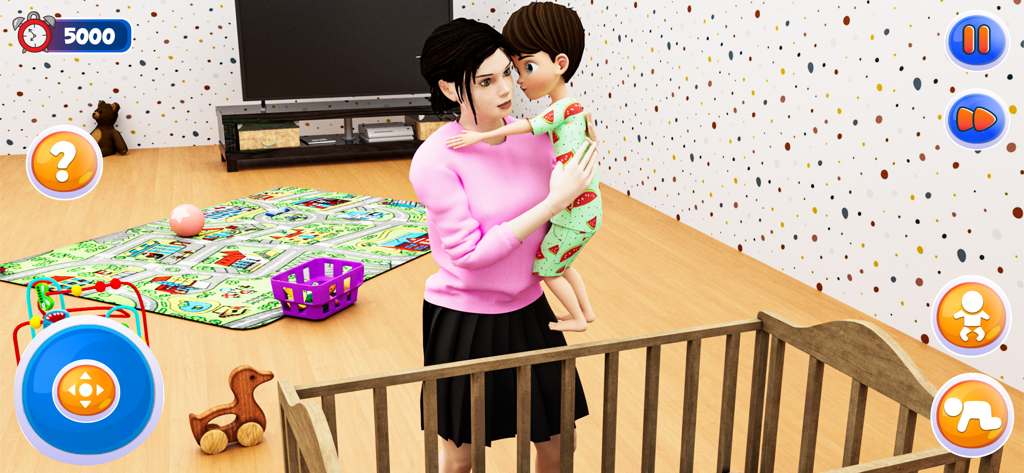 Eine virtuelle Mutter hält ihr Kleinkind in einem dekorierten Kinderzimmer im Spiel Real Mother Baby Life Care Sim