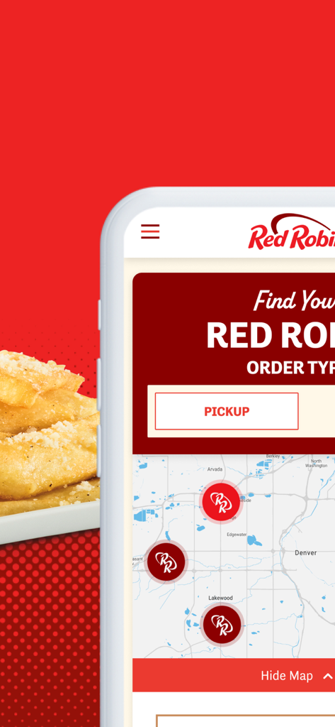 Red Robin app interface showing a map of restaurant locations and a button to select pickup order type.