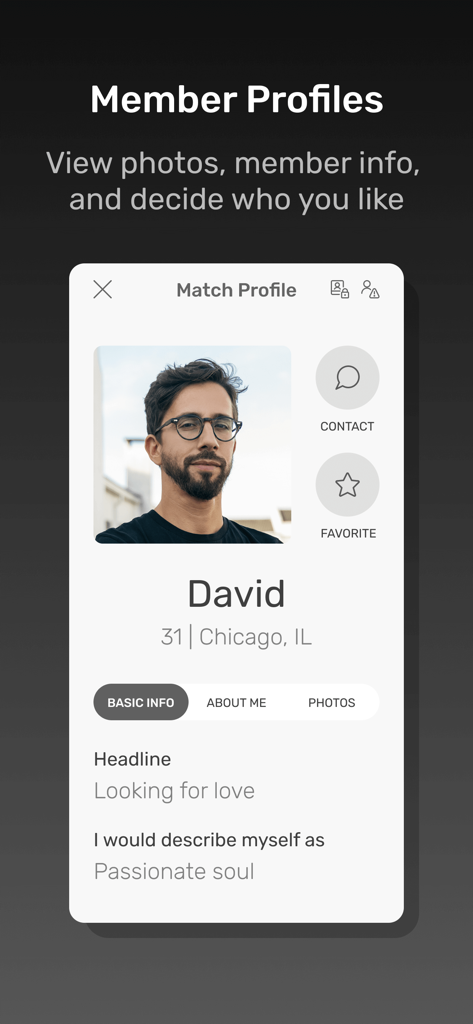 Tattoo Lovers Dating - A screenshot of a member profile on the Tattoo Lovers Dating app showing a man's photo, age, location, and bio.
