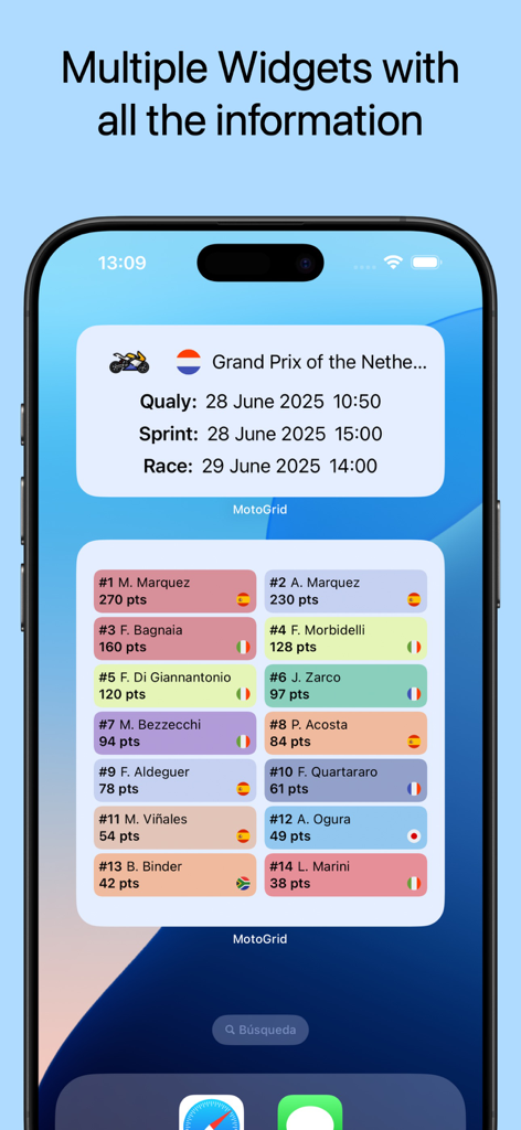 Moto Grid: GP Live Info - Moto Grid app widgets displaying MotoGP race schedule and rider standings on an iPhone