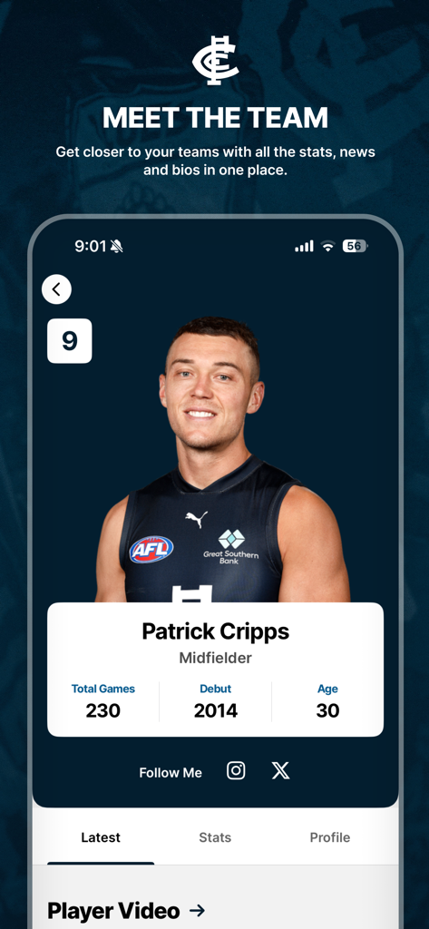 Carlton Official App - Patrick Cripps player profile screen in the Carlton Official App showing AFL career stats and bio.