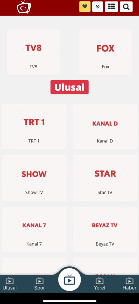 Canlı TV - TV Yayın Akışı - Interfaz de aplicación móvil que muestra una cuadrícula de canales de televisión turcos nacionales como TRT 1 y Kanal D