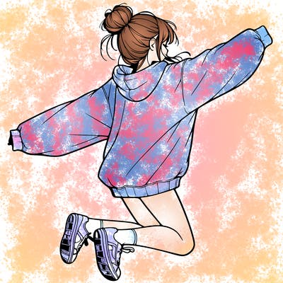 realistic girl jumping with a bun and oversized sweatshirt