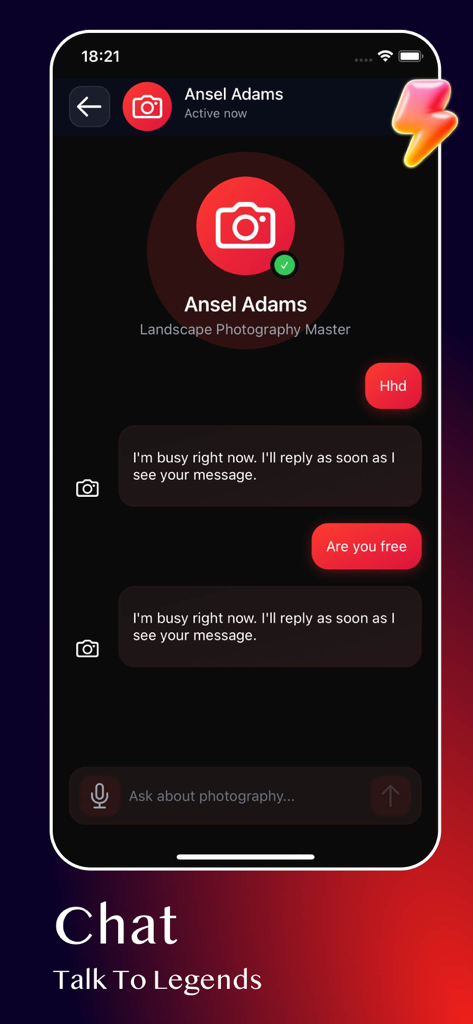 Closer - Join chat - Interfaz de la aplicación Closer mostrando una conversación de chat con un mentor de fotografía IA