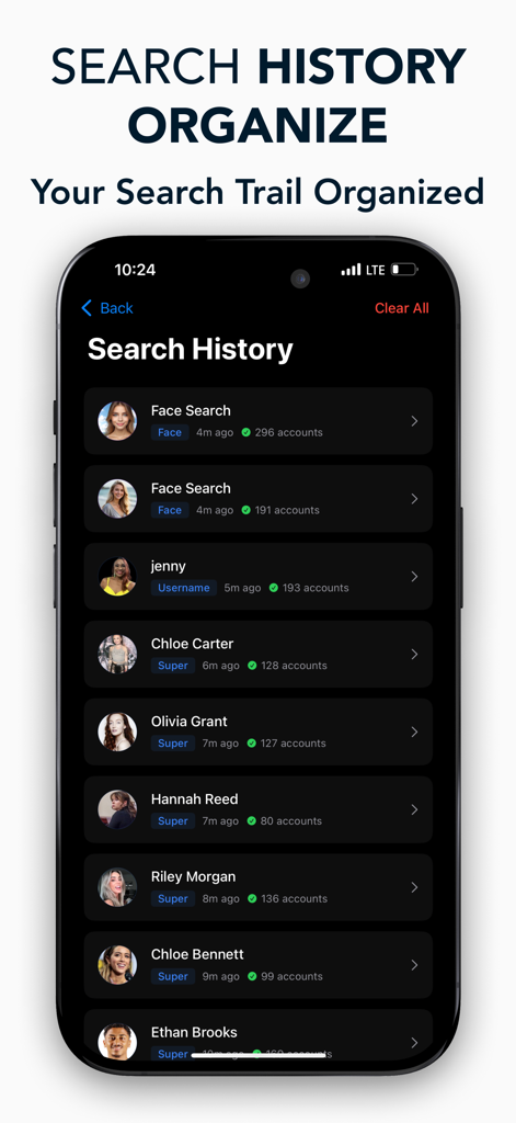 The search history screen of the Deep Truth AI Search app displaying a list of organized past searches for people and data.