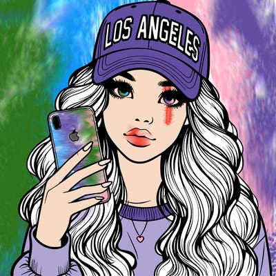 realistic beautiful girl wearing los ángeles cap holding an iphone