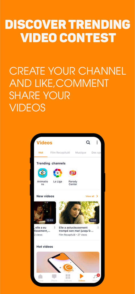 My Natcom – Your Digital Hub - Screenshot of the My Natcom app video hub showing trending channels and video contest options