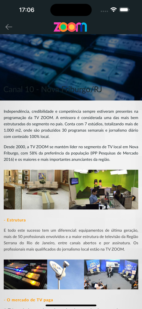 TV Zoom - 노바 프리부르고 브라질의 인프라 및 역사에 대한 TV Zoom 앱 정보 섹션