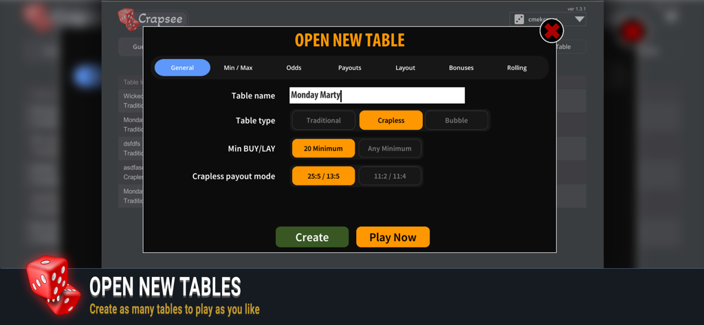 Crapsee - Bildschirm der Crapsee App mit Einstellungen zum Öffnen eines neuen Craps-Tisches, einschließlich Tischtyp und Mindesteinsätzen