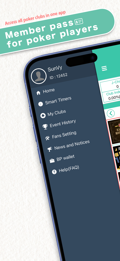 Poker Fans mobile app navigation menu showing features like Smart Timers, Event History, and BP wallet.