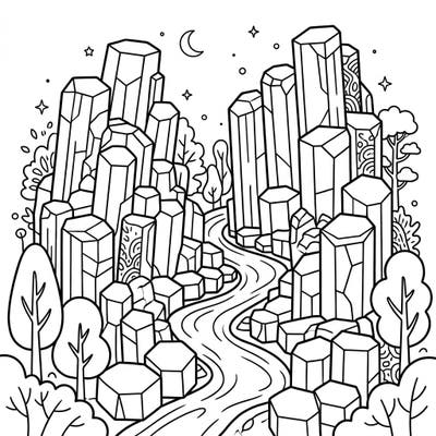 Dive into a geological adventure with this unique columnar jointing coloring page designed for kids aged 4-8. Young artists can bring these stunning natural hexagonal rock formations and a winding river landscape to life with their favorite colors.