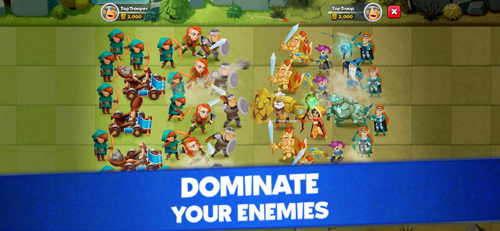Top Troops: Adventure RPG - A strategic battle scene in Top Troops Adventure RPG featuring fantasy units and the text Dominate Your Enemies