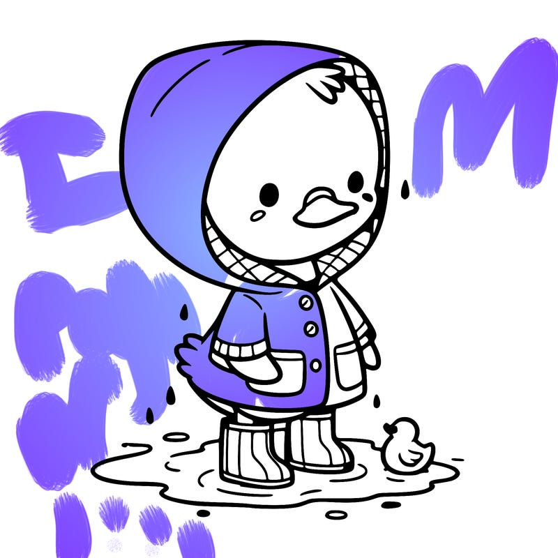 baby duck in a rain coat and boots, in a puddle while it’s raining