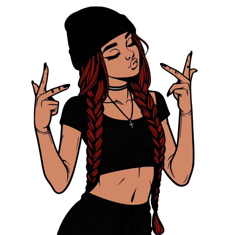 realistic teenage girl with braids and a beanie and crop top doing 🫶🏼