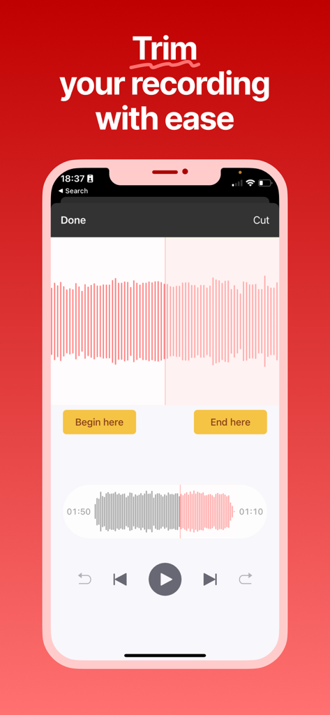 Interfaz de la aplicación móvil que muestra una forma de onda con controles para recortar una grabación de podcast.