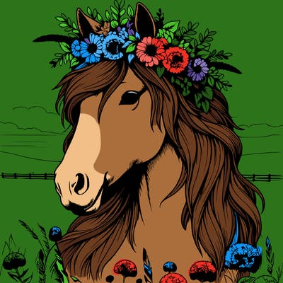 a portrait with a horse wearing a flower crown in a field realistic