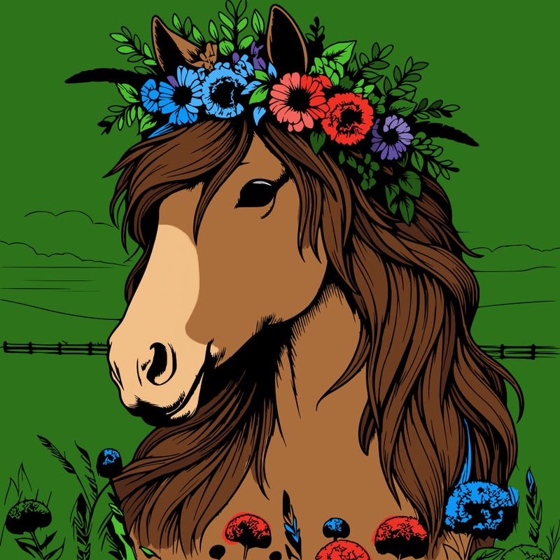 a portrait with a horse wearing a flower crown in a field realistic
